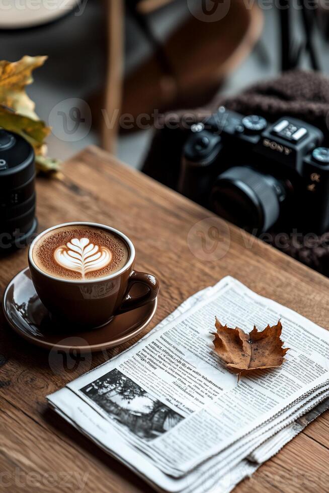 Cozy autumn morning at a cafe. A cup of latte art coffee, newspaper, and fallen leaf on a wooden table photo