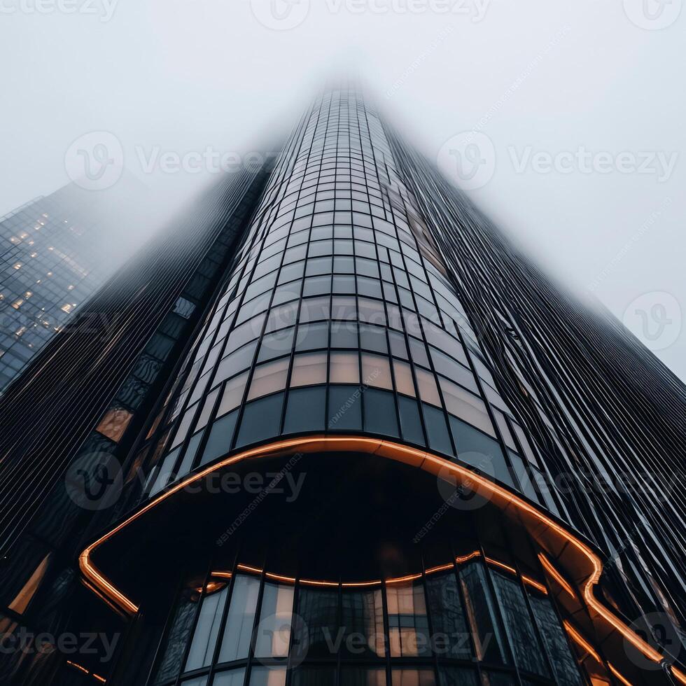 Modern skyscraper rising through a misty morning photo
