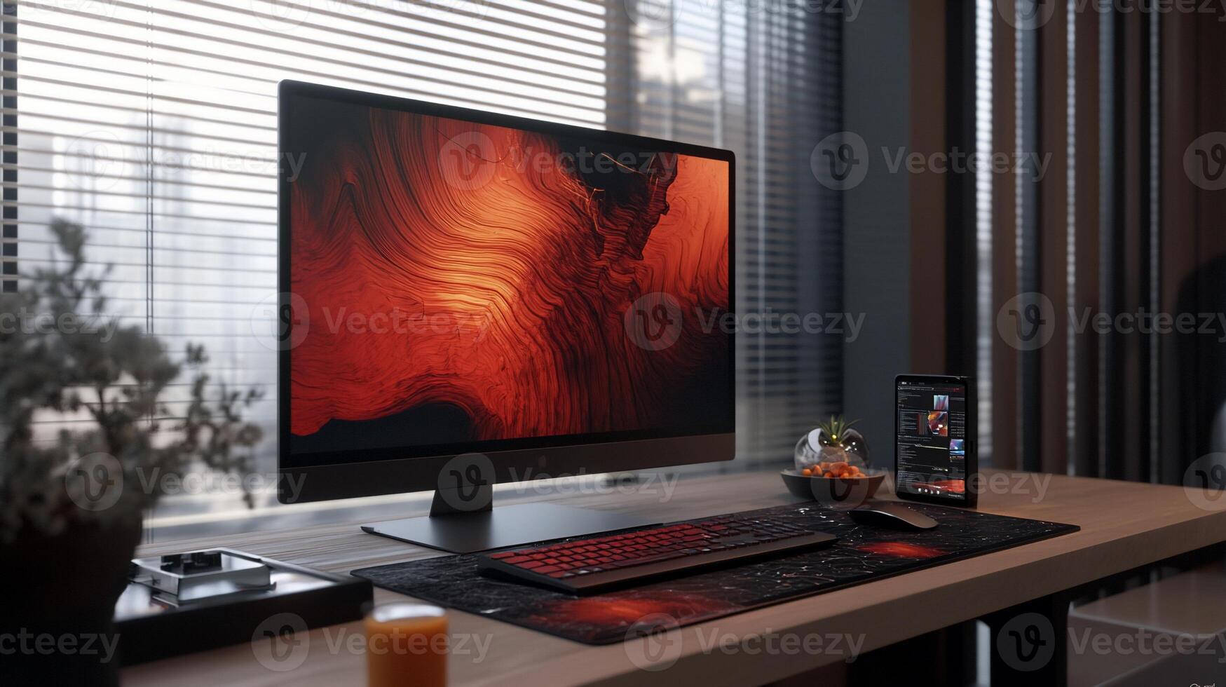 Modern home office workspace with computer monitor, keyboard, and accessories photo