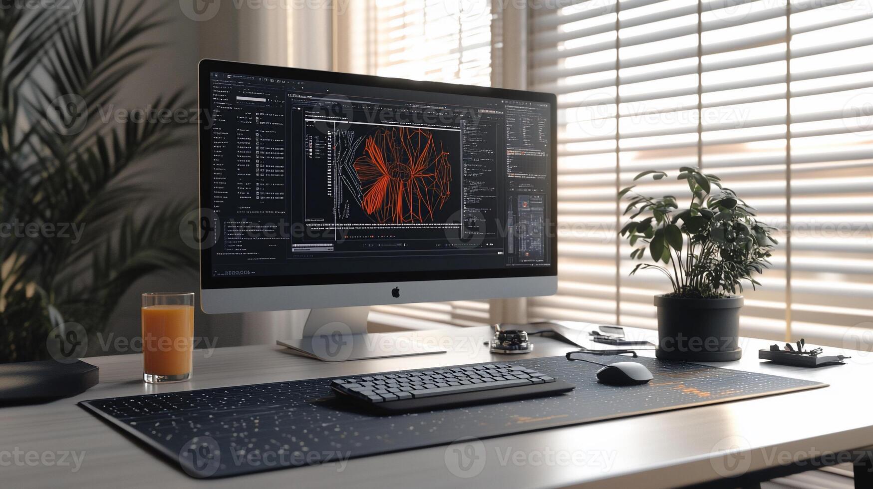 Modern workspace with computer, keyboard, and mouse photo