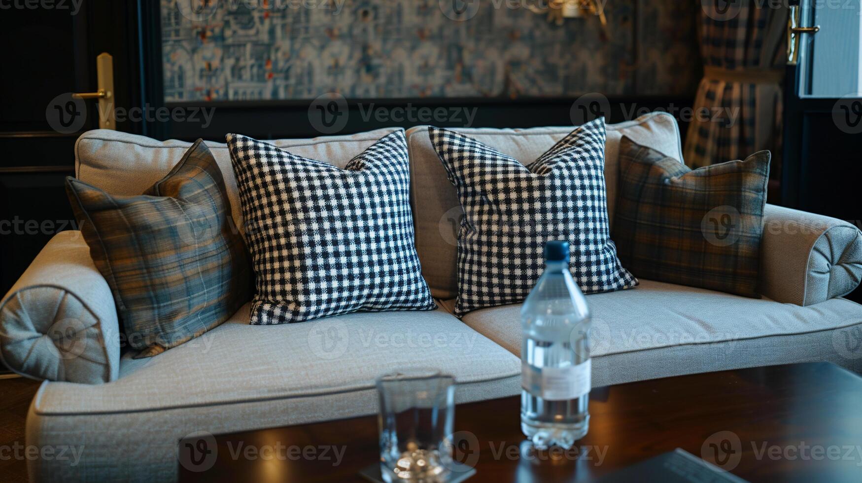 Luxurious couch with patterned cushions, water bottle, and glass on a coffee table in a stylish room photo