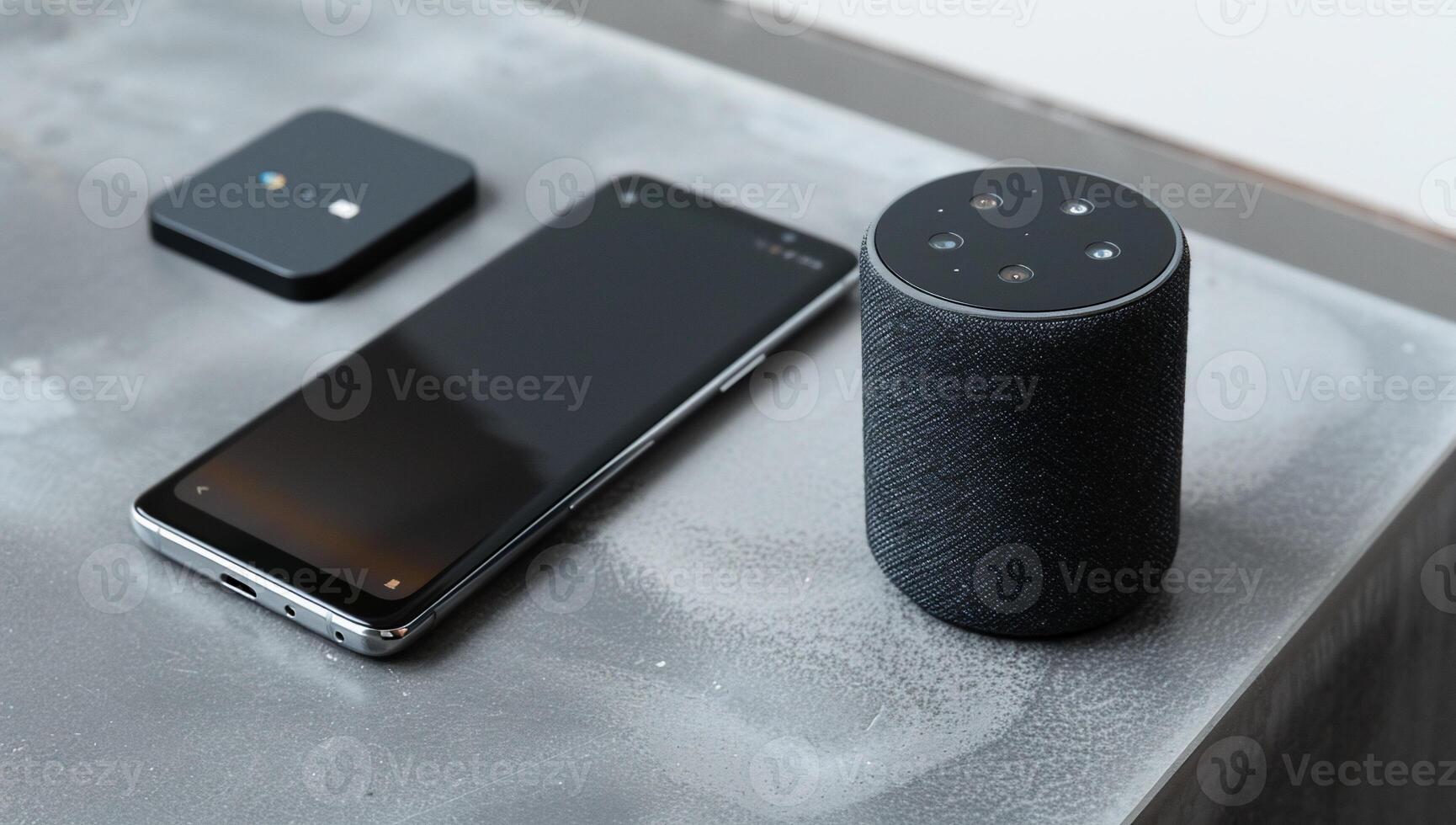 Smart home tech, smartphone, and speaker photo