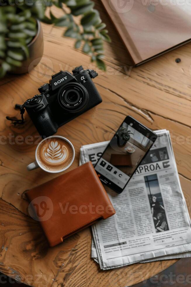 Cozy coffee break with tech and news photo