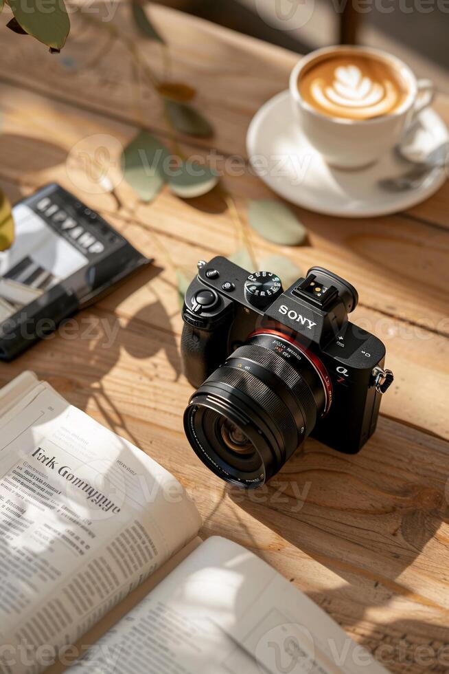 Camera, coffee, and books on a wooden table photo