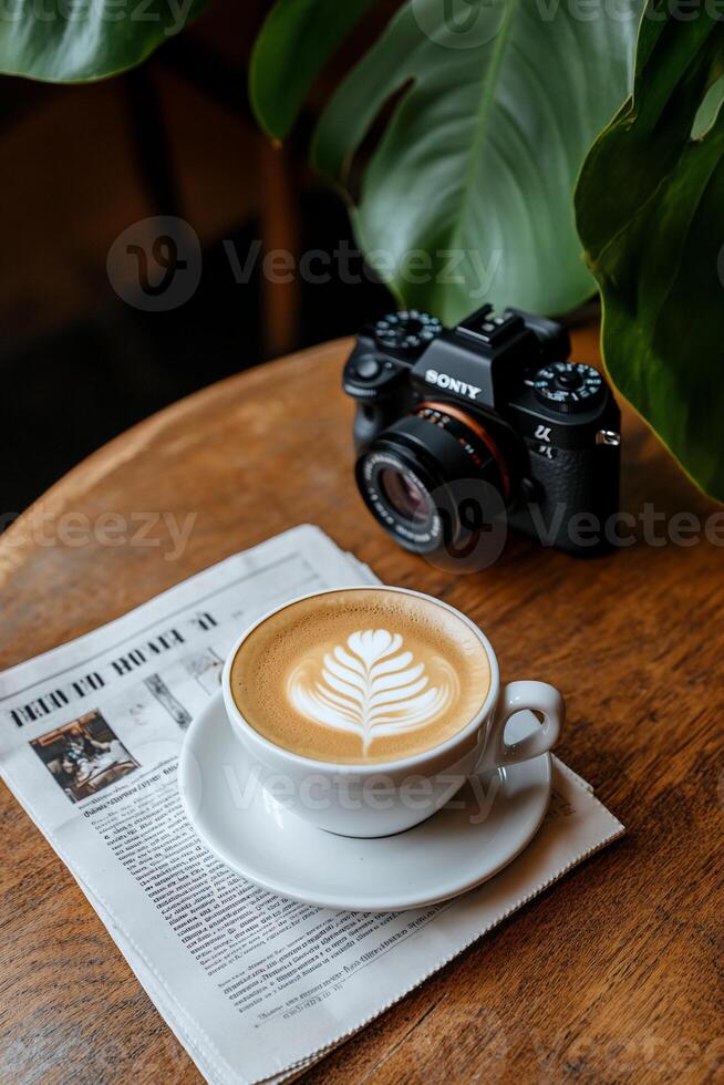 Latte art, camera, newspaper on a wooden table photo