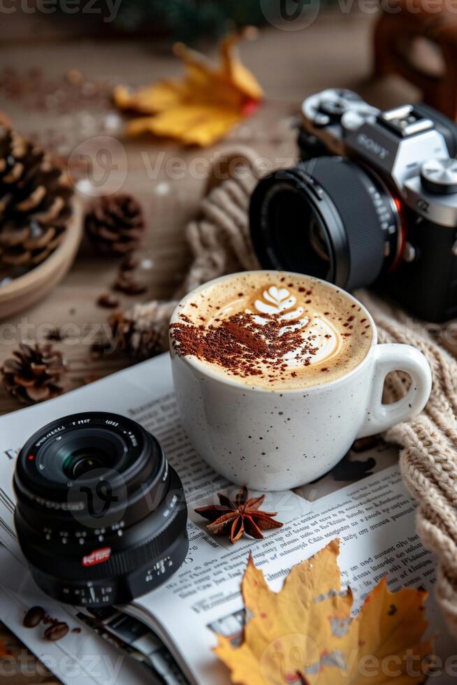 Cozy autumn coffee scene with latte art, camera, and fall leaves photo