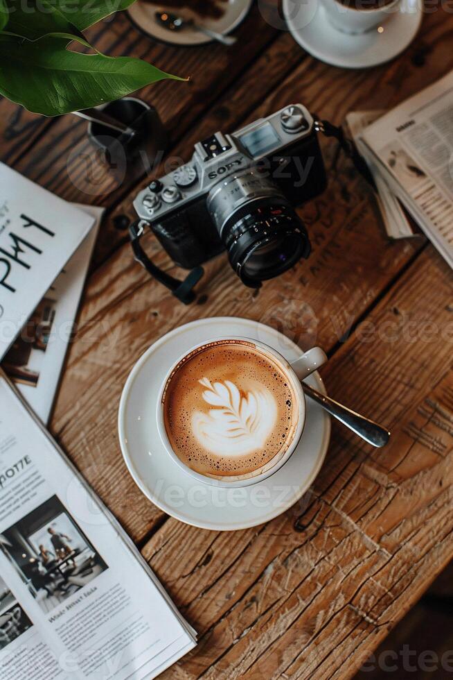 Coffee and newspaper on wooden table photo