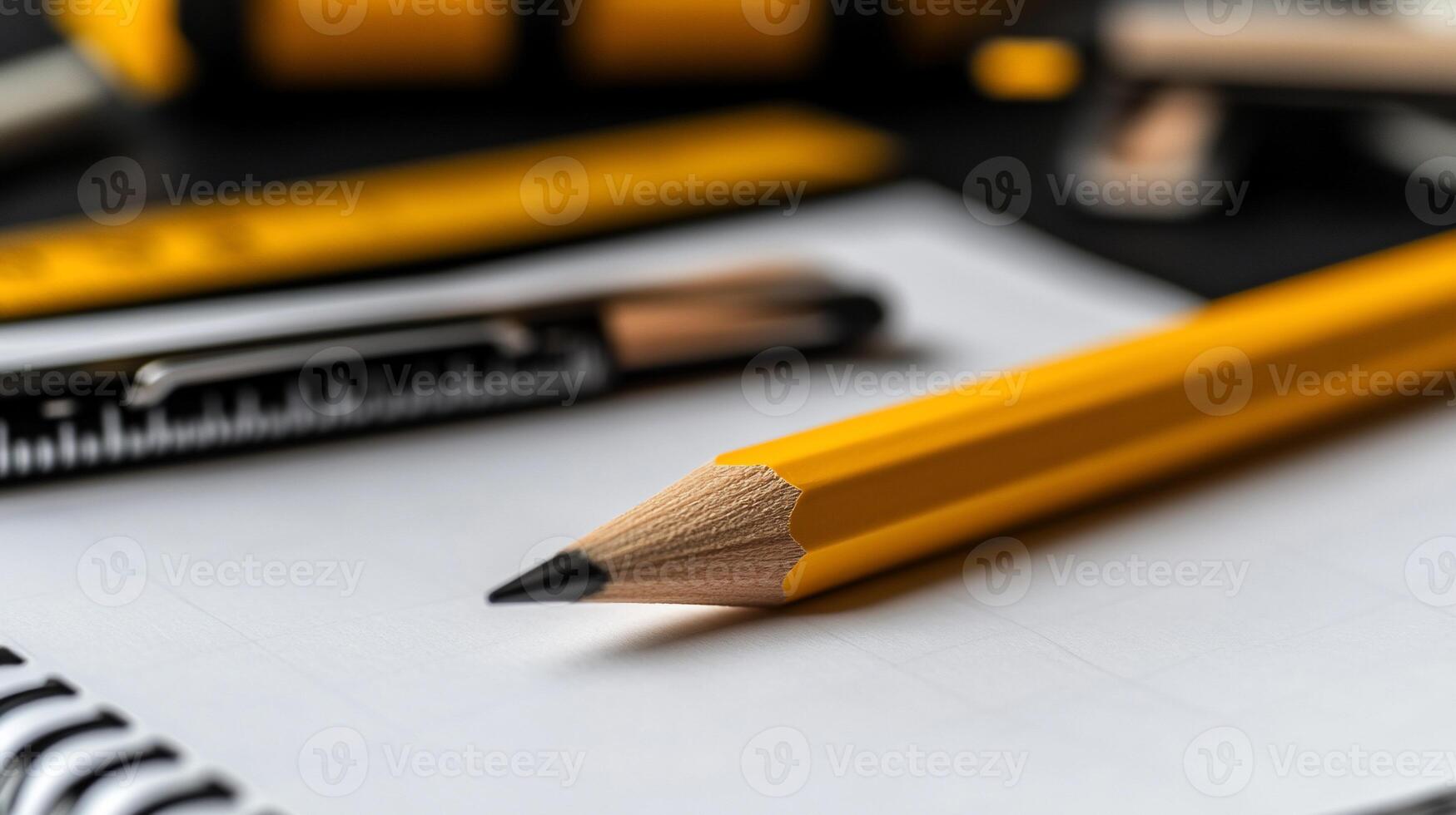 Close-up of yellow pencil and measuring tools on notepad photo