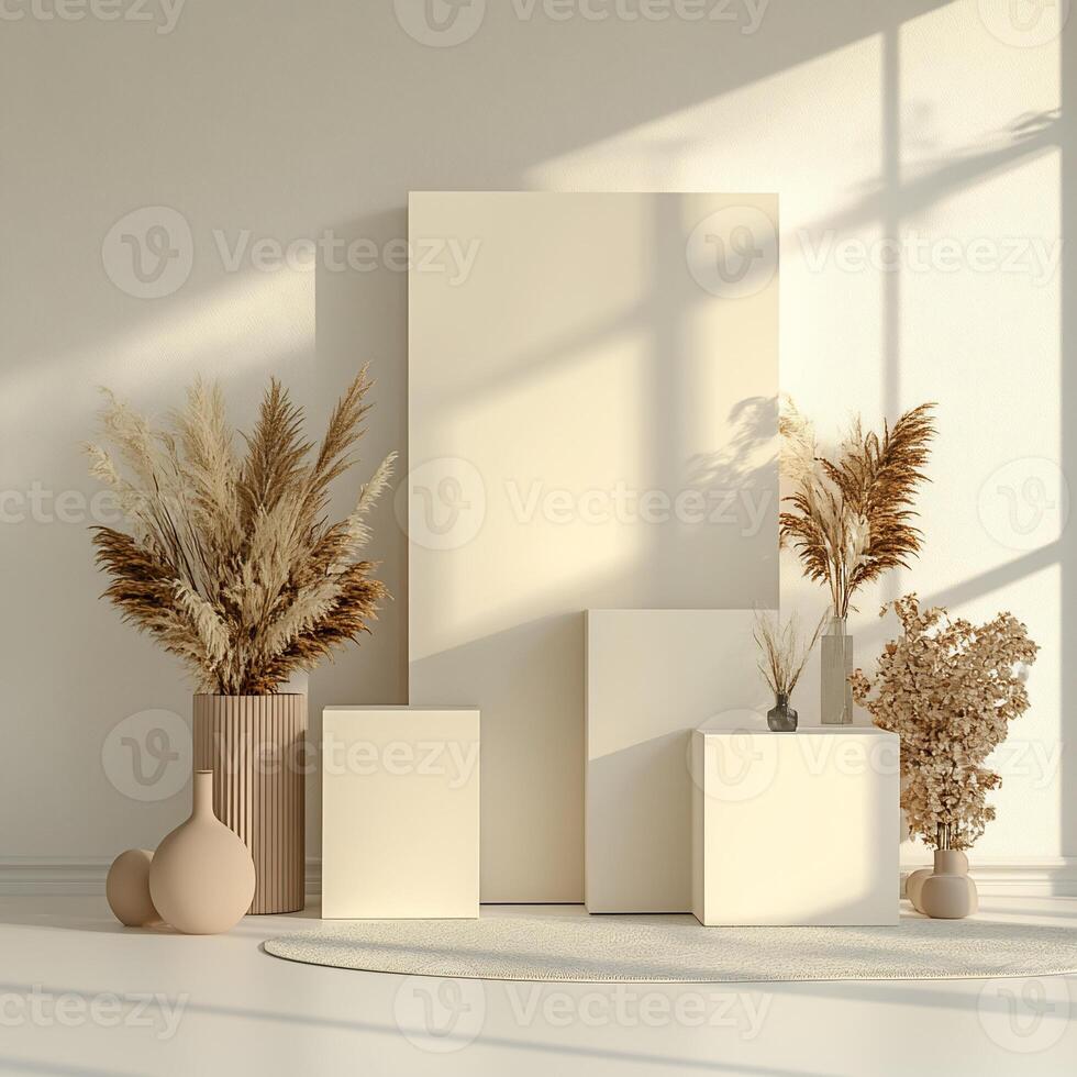 Minimalist display with pampas grass, beige tones, and empty space photo