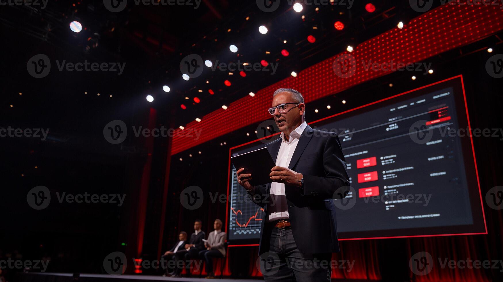 Business speaker on stage, presenting data photo