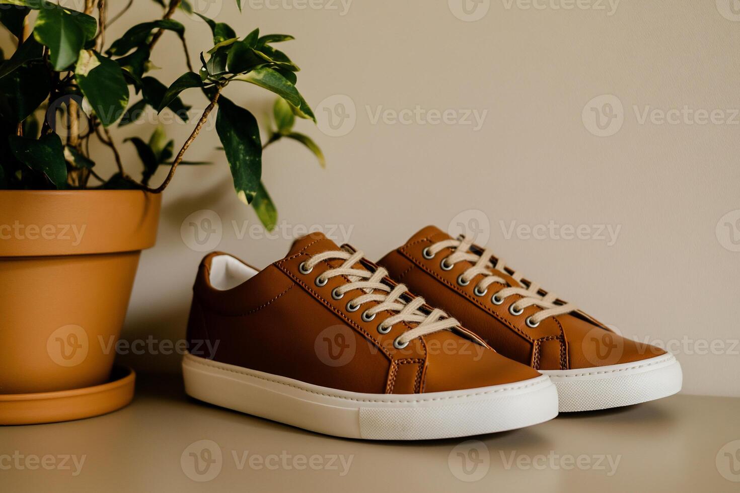Stylish brown leather sneakers on a light beige surface, with a plant in a pot photo