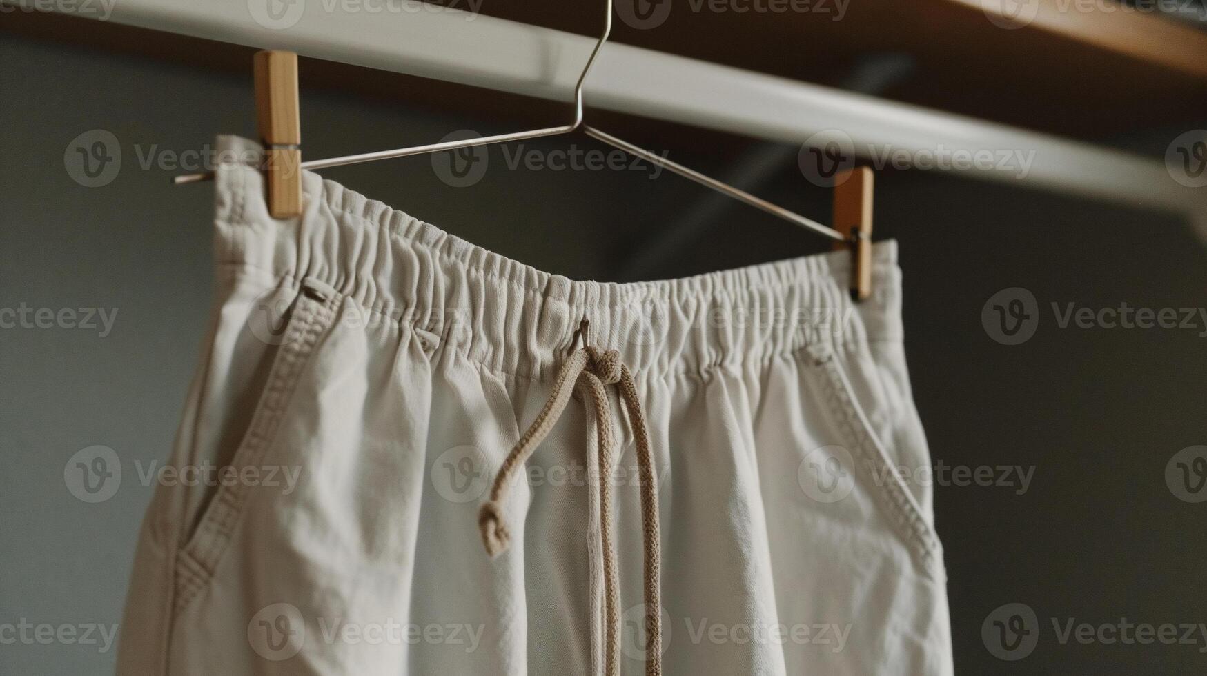 Cream-colored, casual shorts on a hanger photo