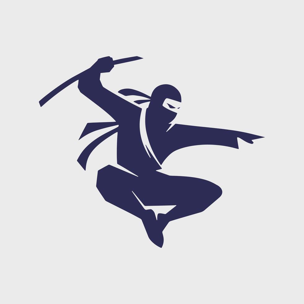 Jumping Ninja Silhouette with Sword in Action, fighting pose, samurai combat with swords, logo illustration template vector