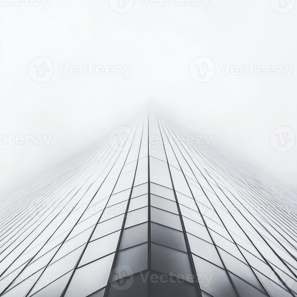 Modern skyscraper in a fog. Perspective of a tall building facade, facing upward into a dense fog. Glass panels arranged in a geometric pattern photo