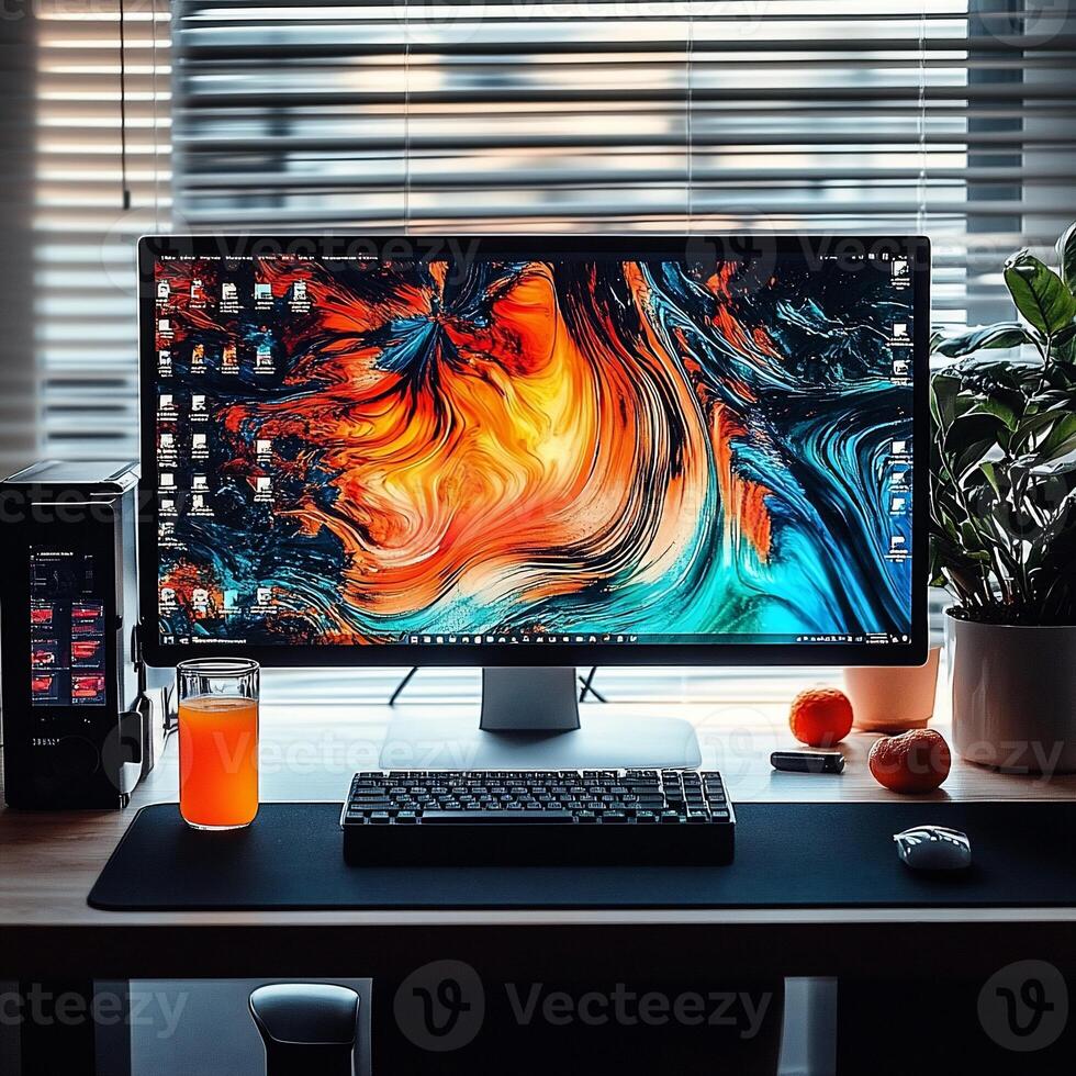 Modern home office setup with vibrant monitor photo