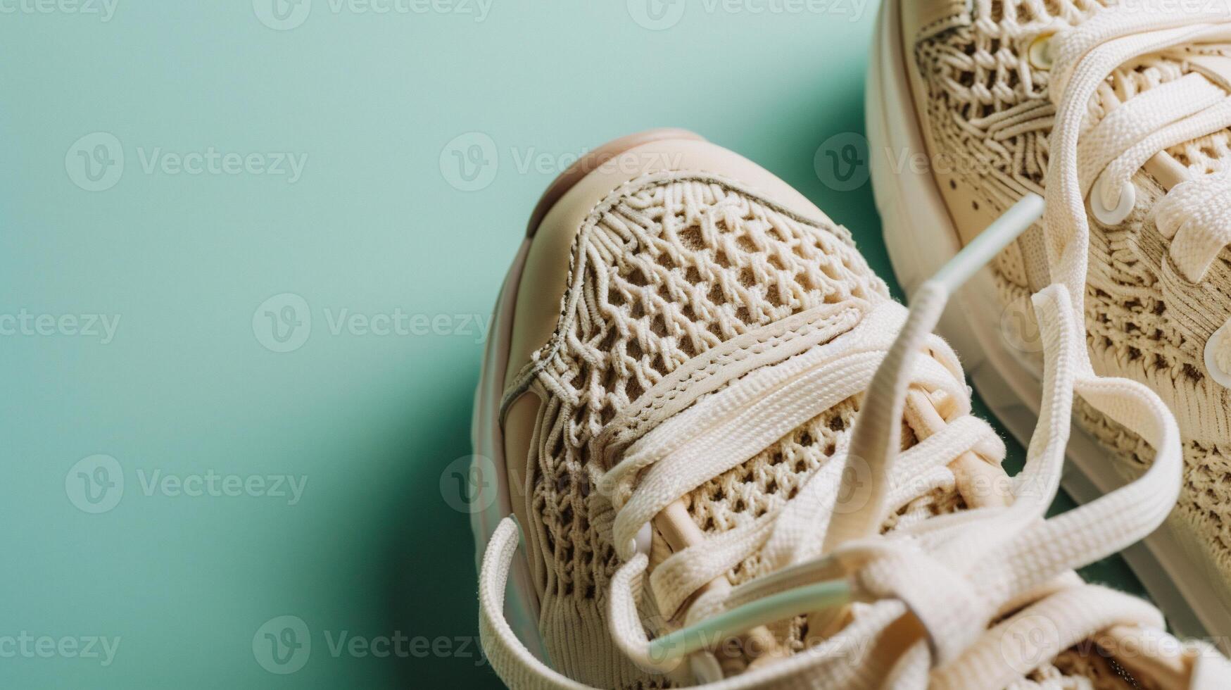Beige knit sneakers, close-up view photo