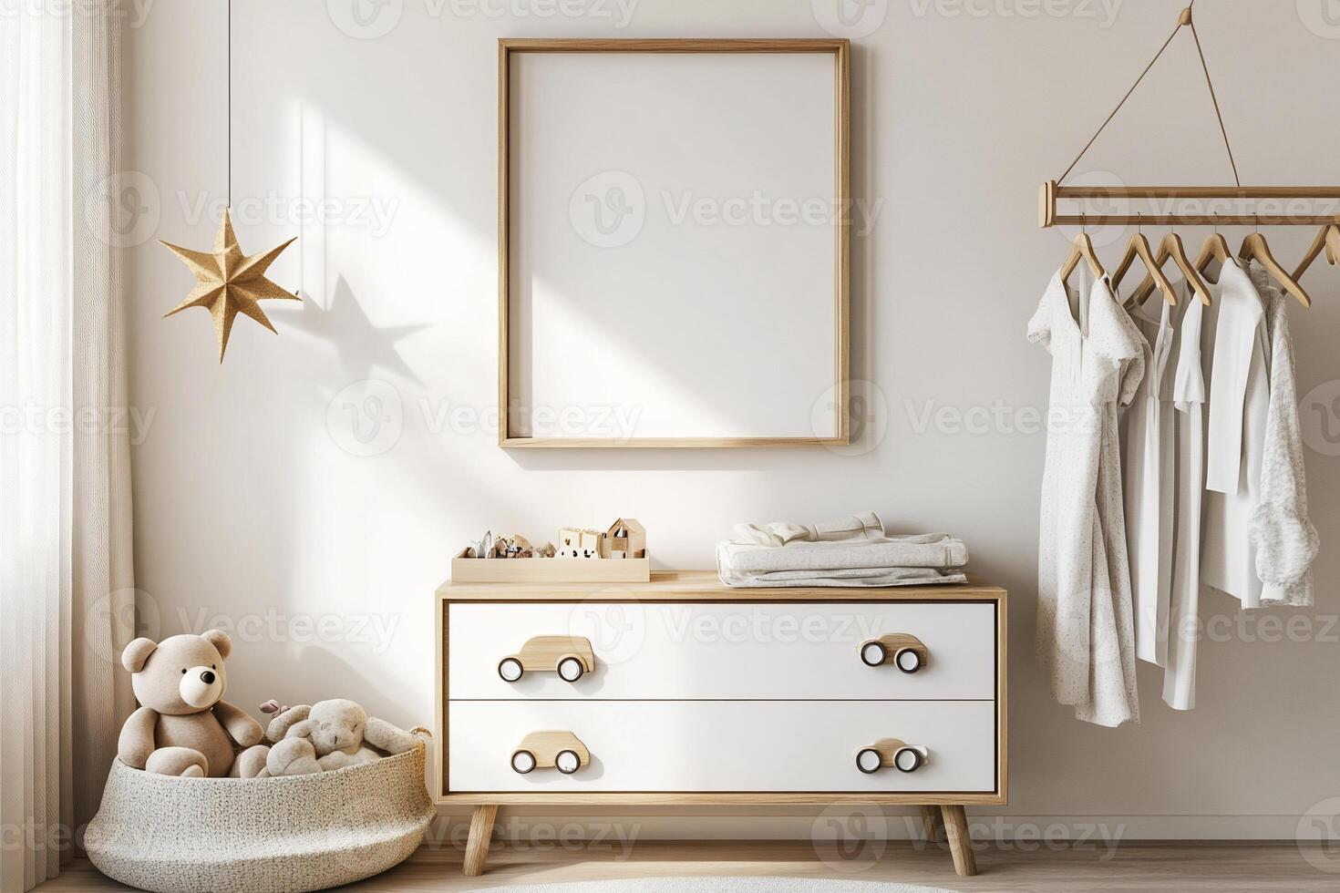 Nursery room with a blank frame photo