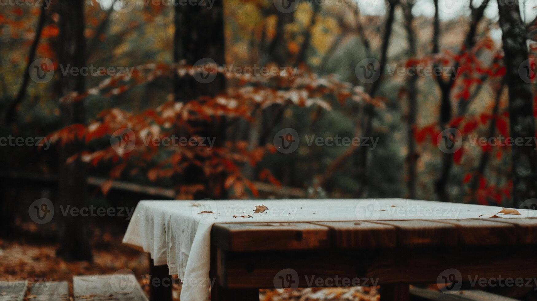Outdoor wooden picnic table with white tablecloth in autumn forest photo