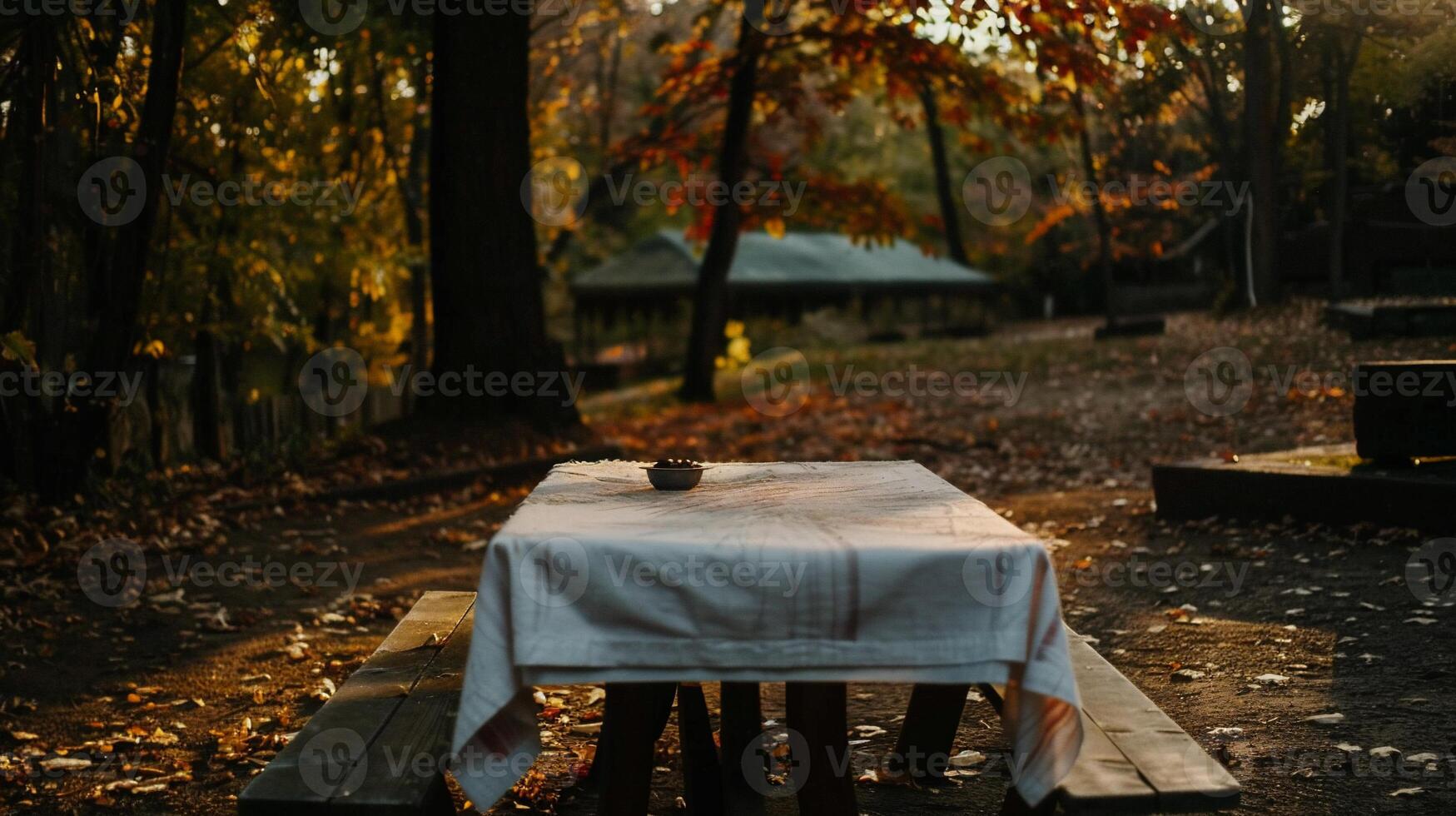 Empty picnic table in autumnal forest photo