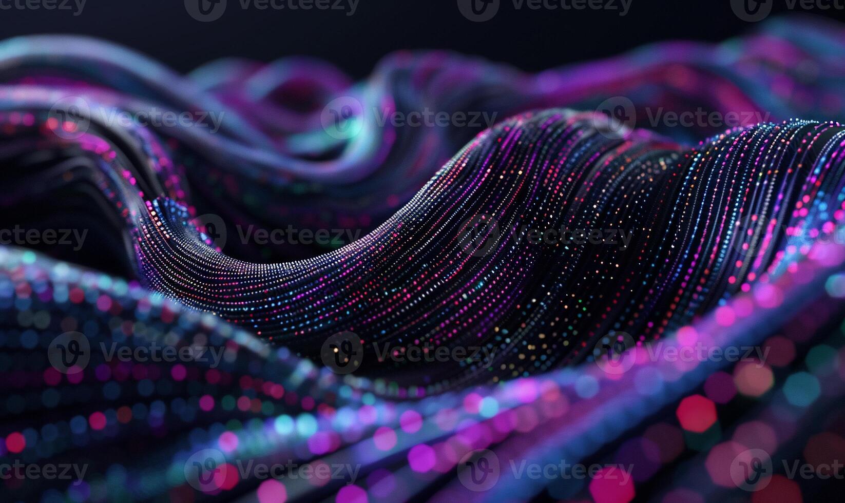 Abstract dynamic fabric with colorful threads and particles. Intricate flowing lines and points create a vibrant, futuristic texture photo