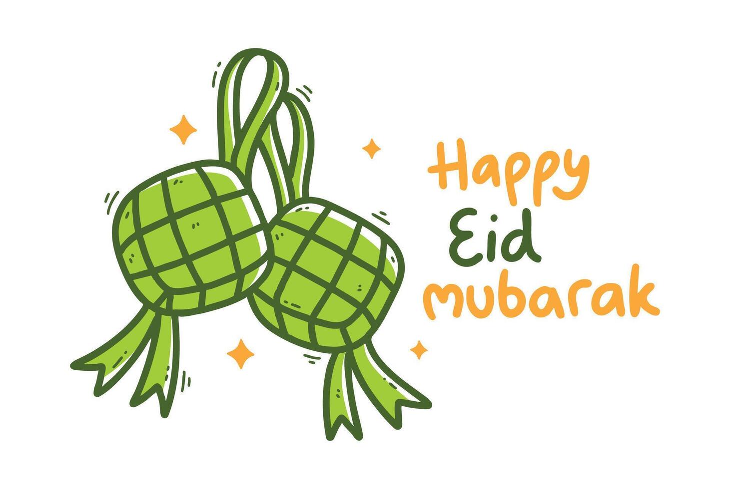 doodle illustration of two ketupat with Happy Eid Mubarak text. Perfect for Eid greeting cards, social media, and festive designs. vector