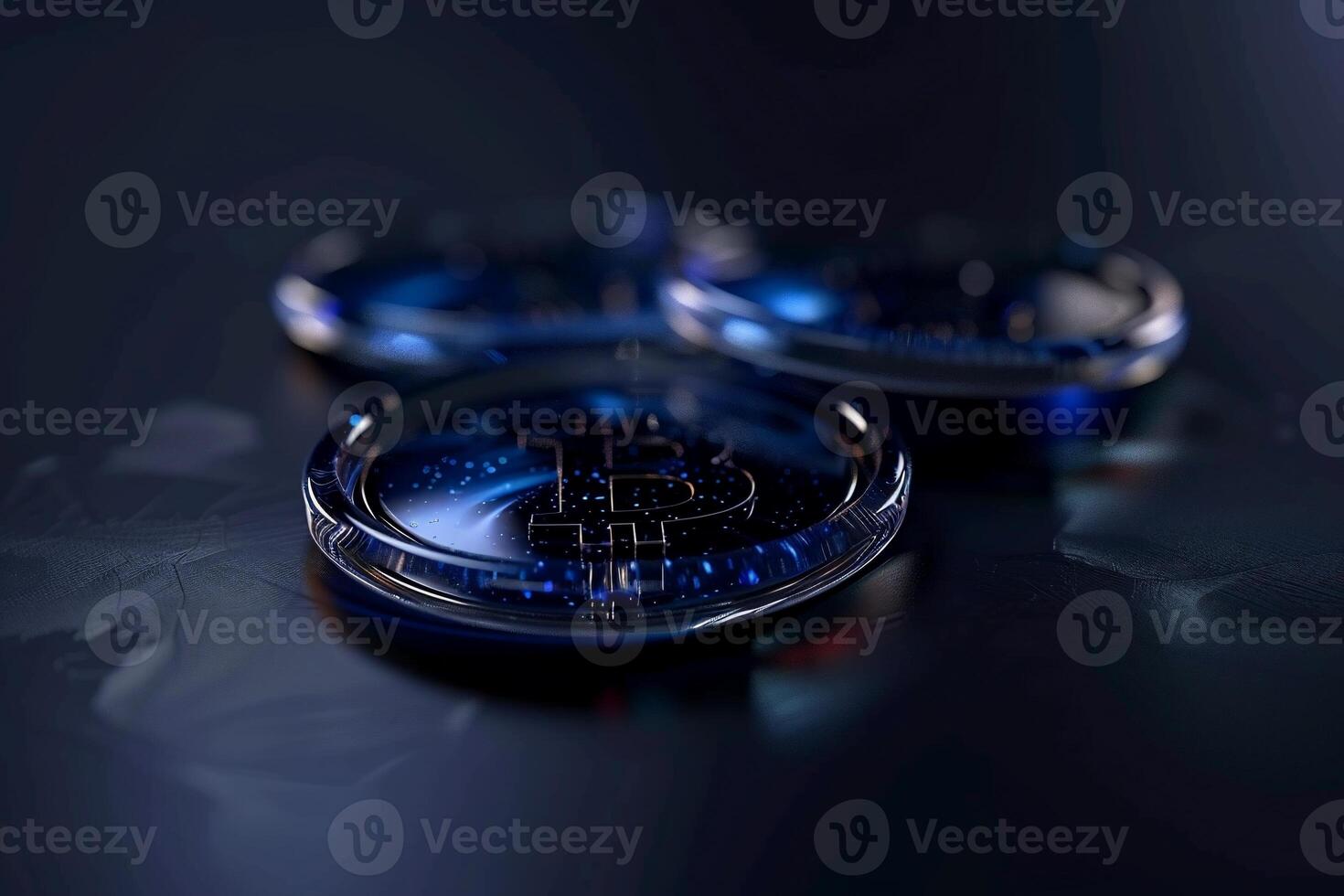 Crystalline Bitcoin tokens on dark surface photo