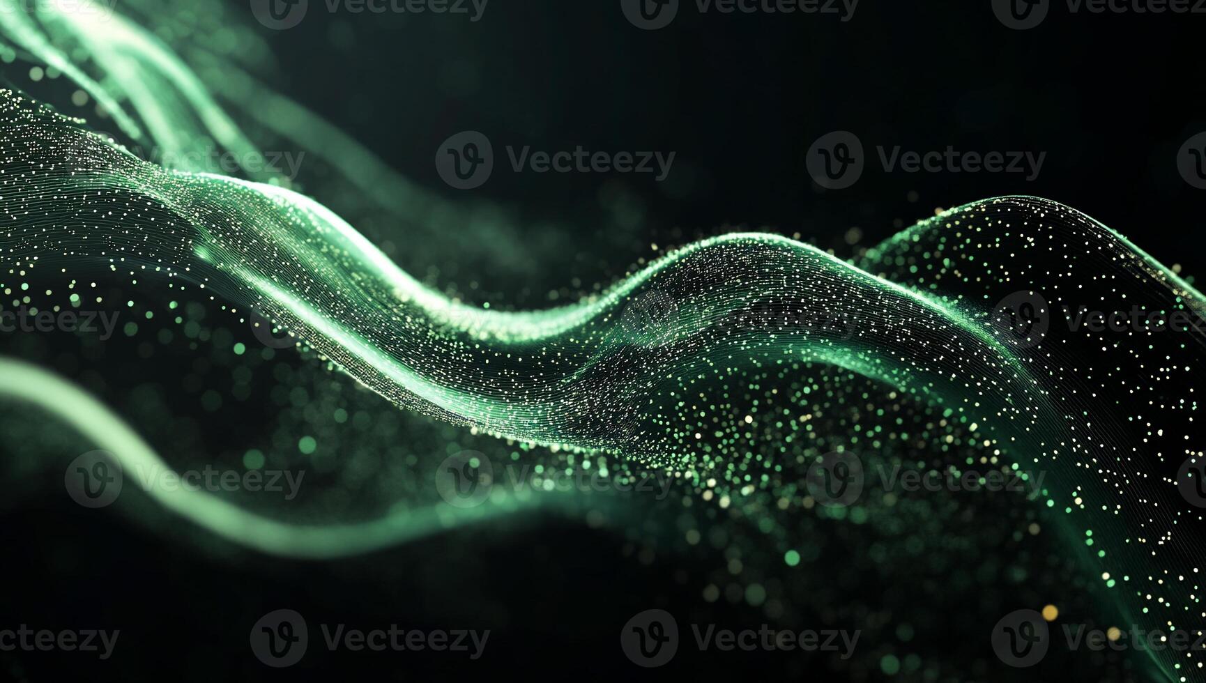 Abstract swirling particles in emerald green and gold. Intricate, flowing lines of luminous particles against a dark background. Detailed, subtle, digital effect photo
