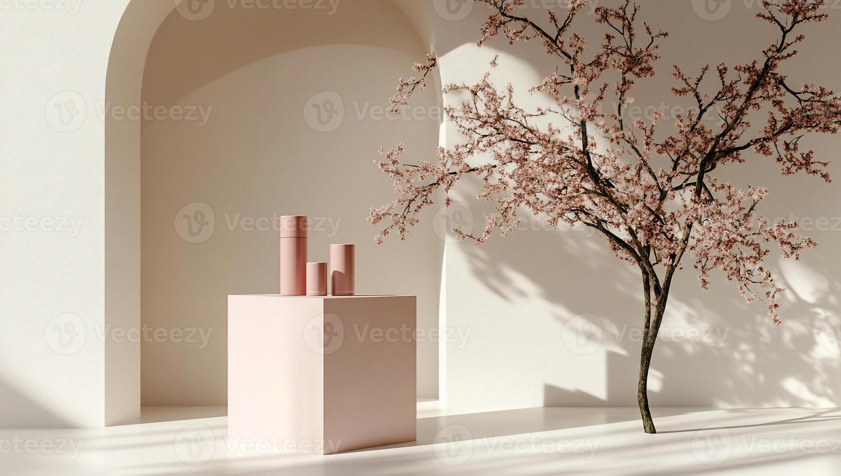 Elegant skincare display, blush-toned photo