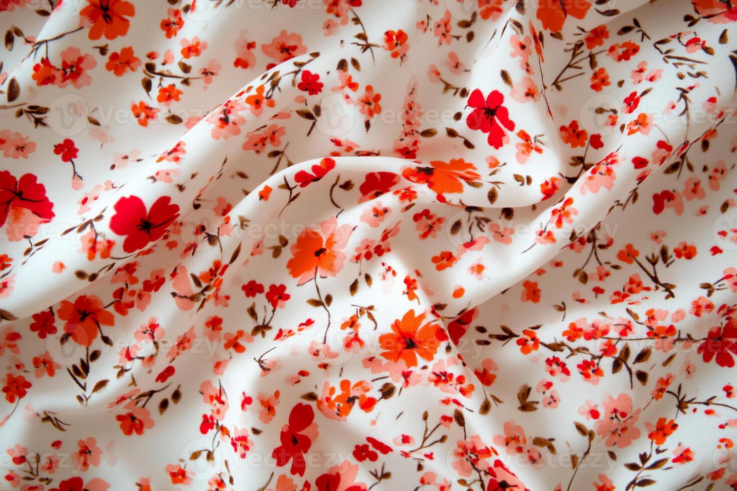 A close up of a white and red floral fabric photo