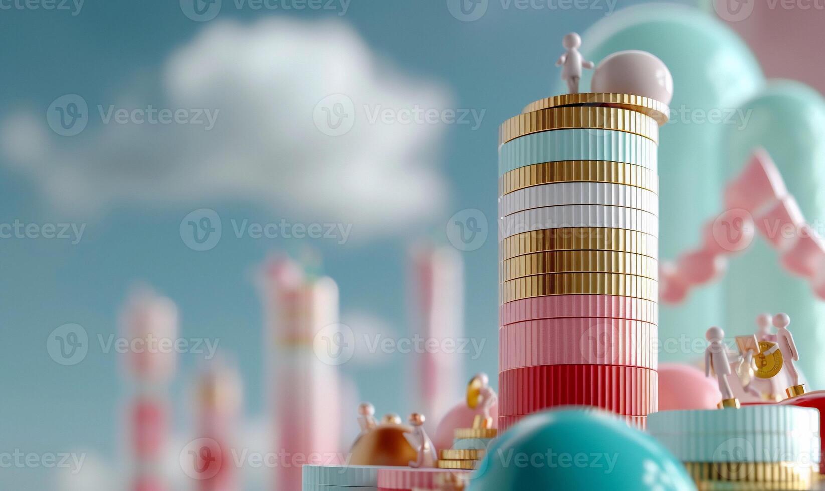 Colorful cityscape built from stacked coins, tiny figures on top photo