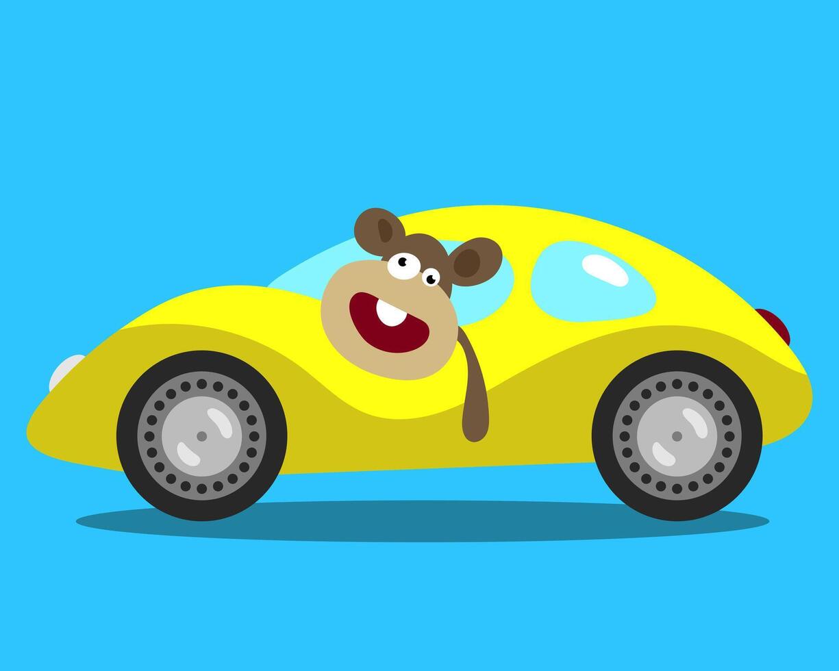 A playful cartoon monkey drives a sleek yellow sports car, symbolizing reckless driving and rule-breaking. Fun illustration represents speed, chaos, and irresponsibility. vector