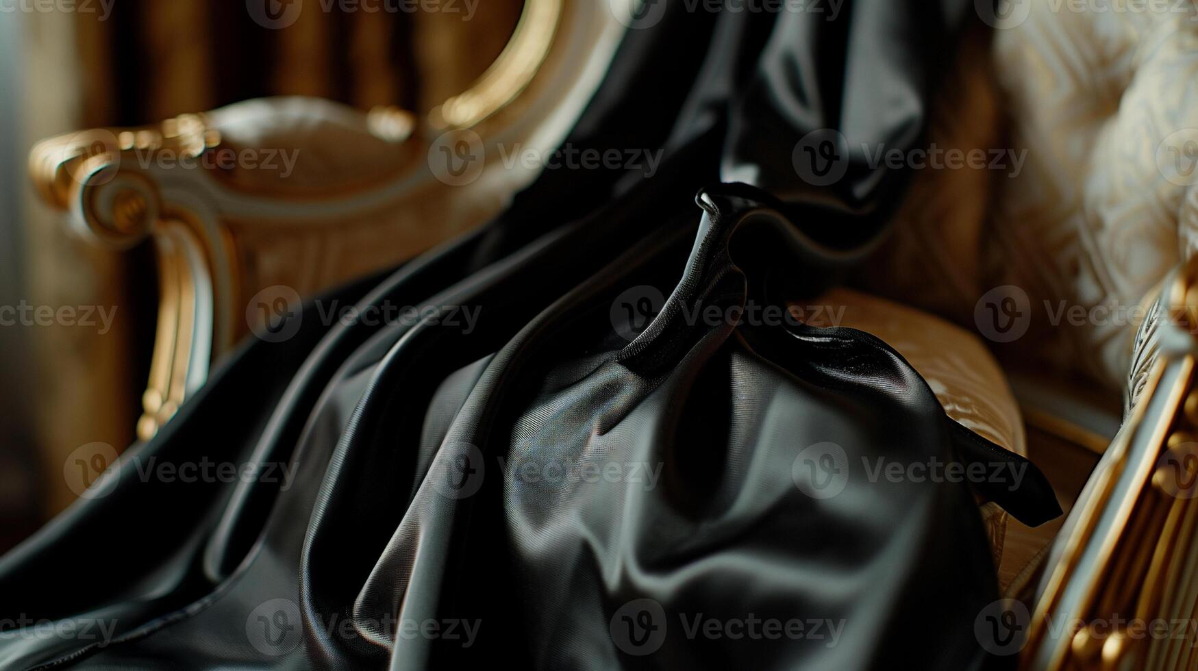 Luxurious black fabric draped over ornate chair photo