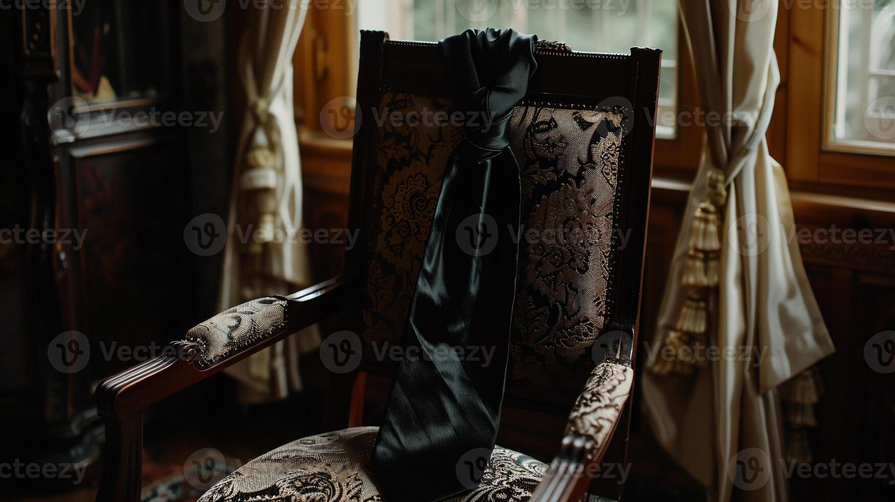 Dark tie on ornate chair photo