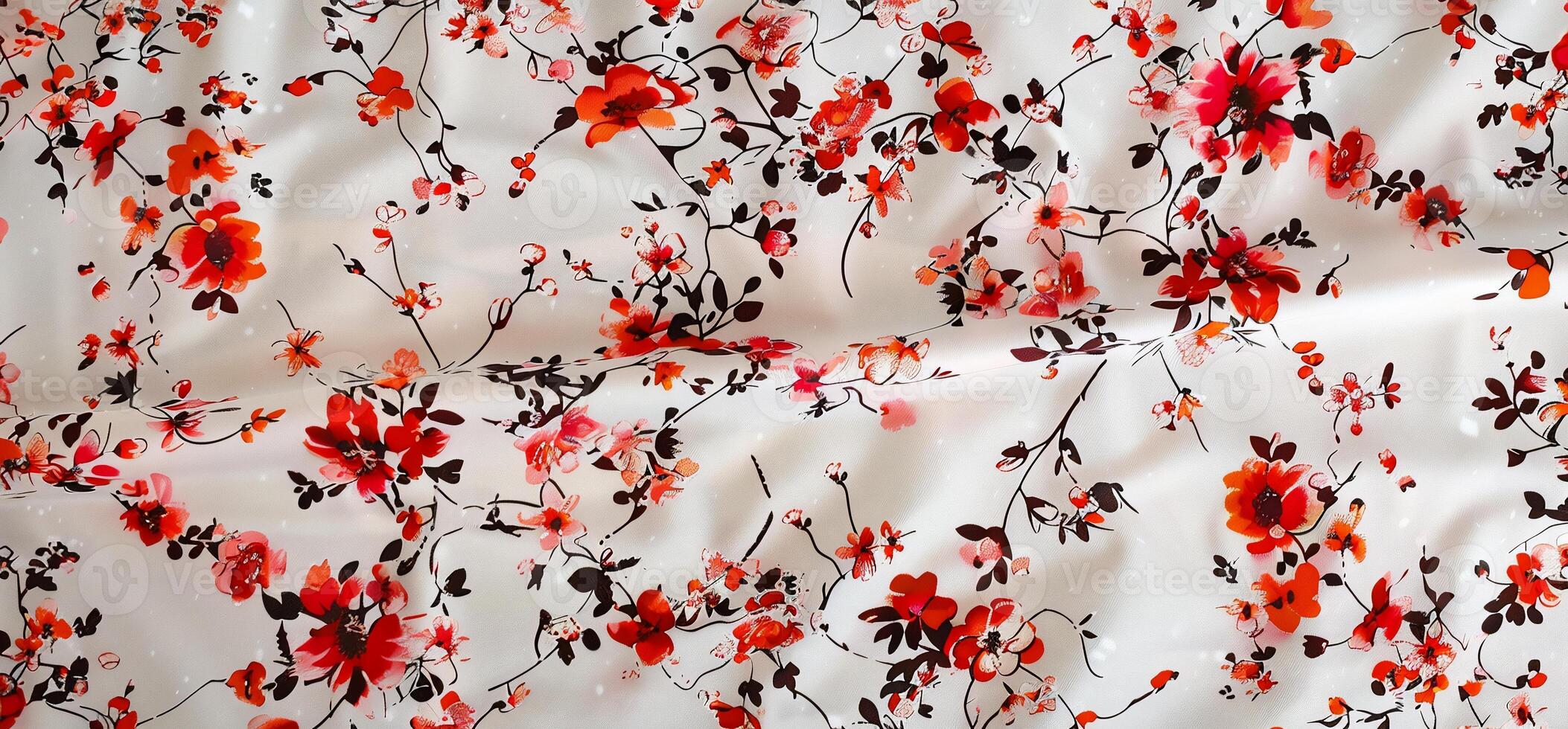 A close up of a red and black floral print fabric photo