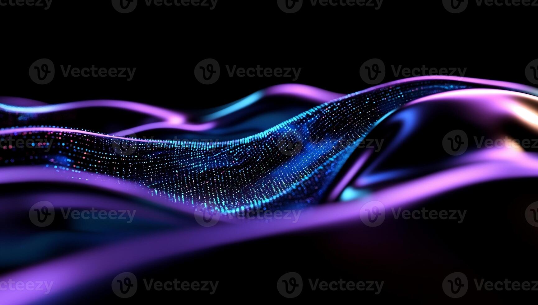 Abstract data wave flowing over a dark surface. Intricate digital network patterns in vibrant colours photo