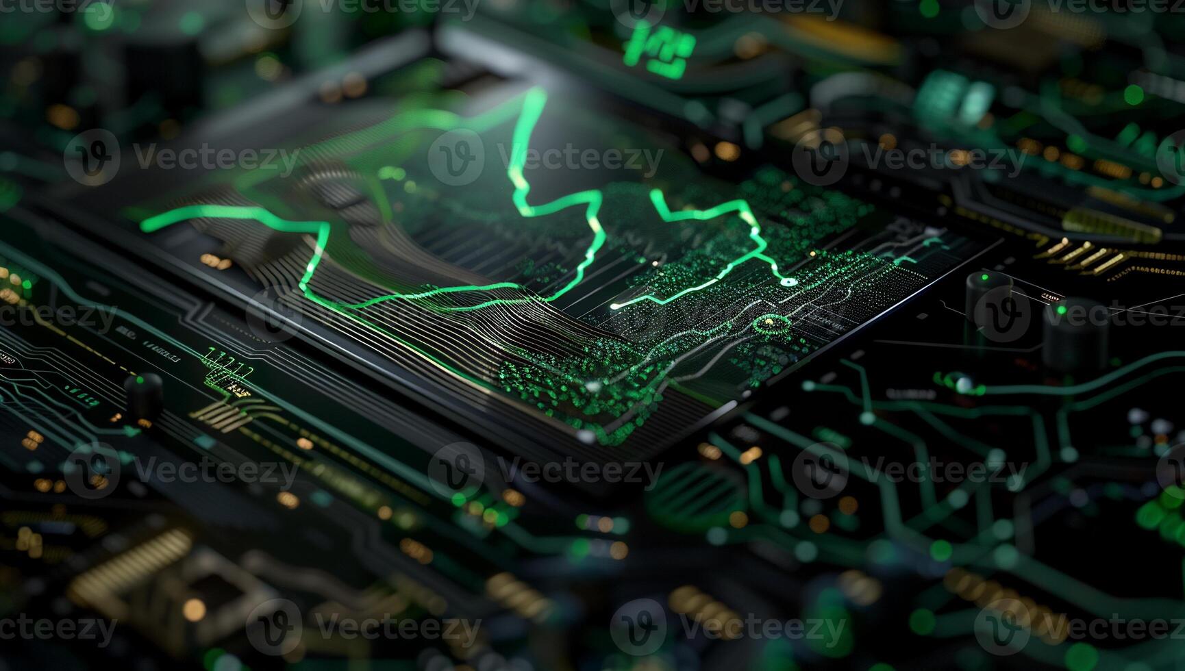 Close-up of a circuit board with glowing green data visualization photo