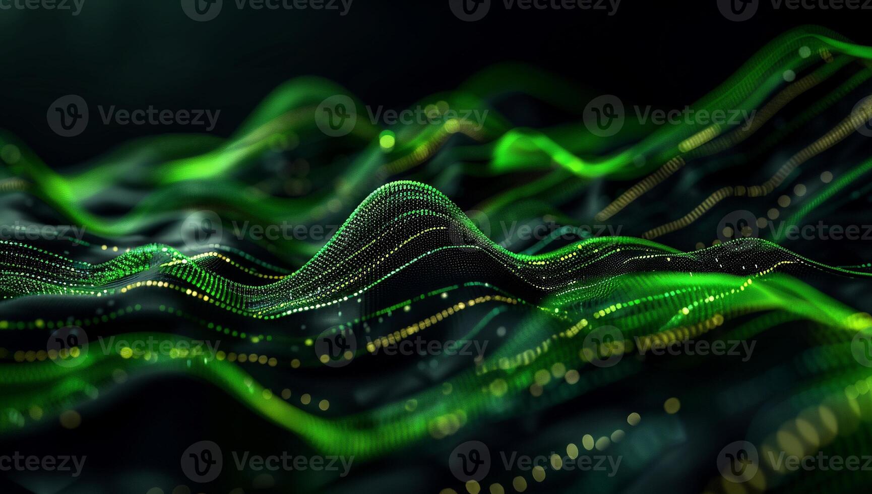 Abstract digital wave patterns. Dynamic glowing green and gold lines on dark background photo