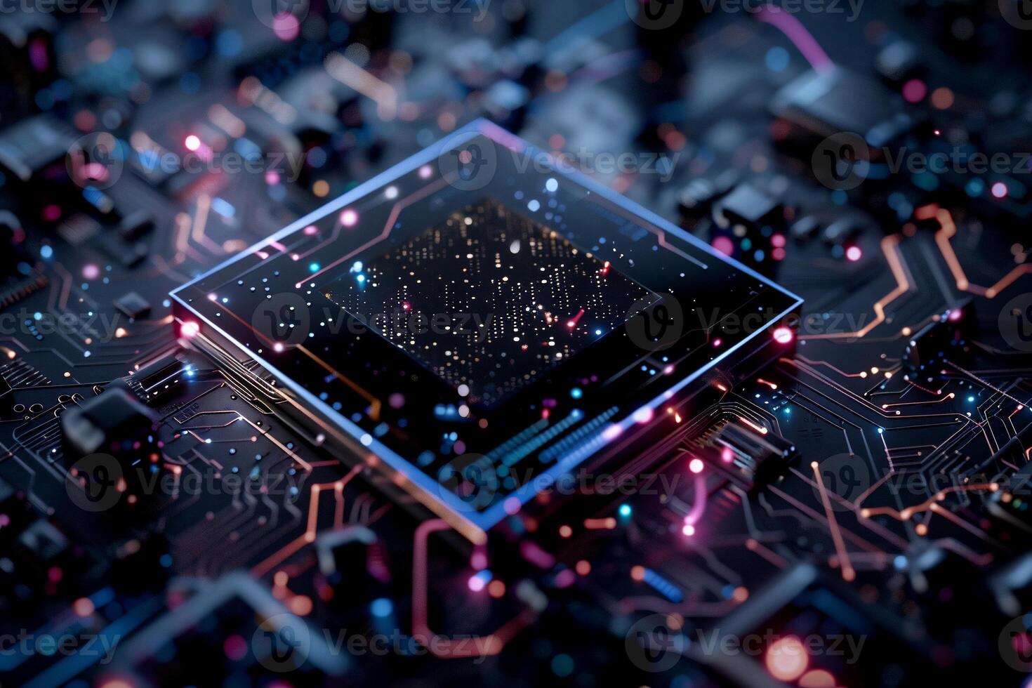 Advanced microprocessor on circuit board. Detailed view of intricate components and connections photo