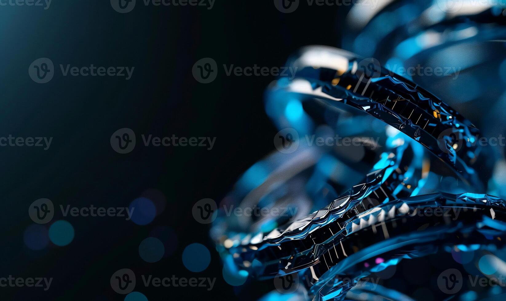 Abstract swirling, futuristic technology. Intricate, metallic rings and shapes create a dynamic, complex design. Dark blue and black tones evoke a sense of depth and mystery photo