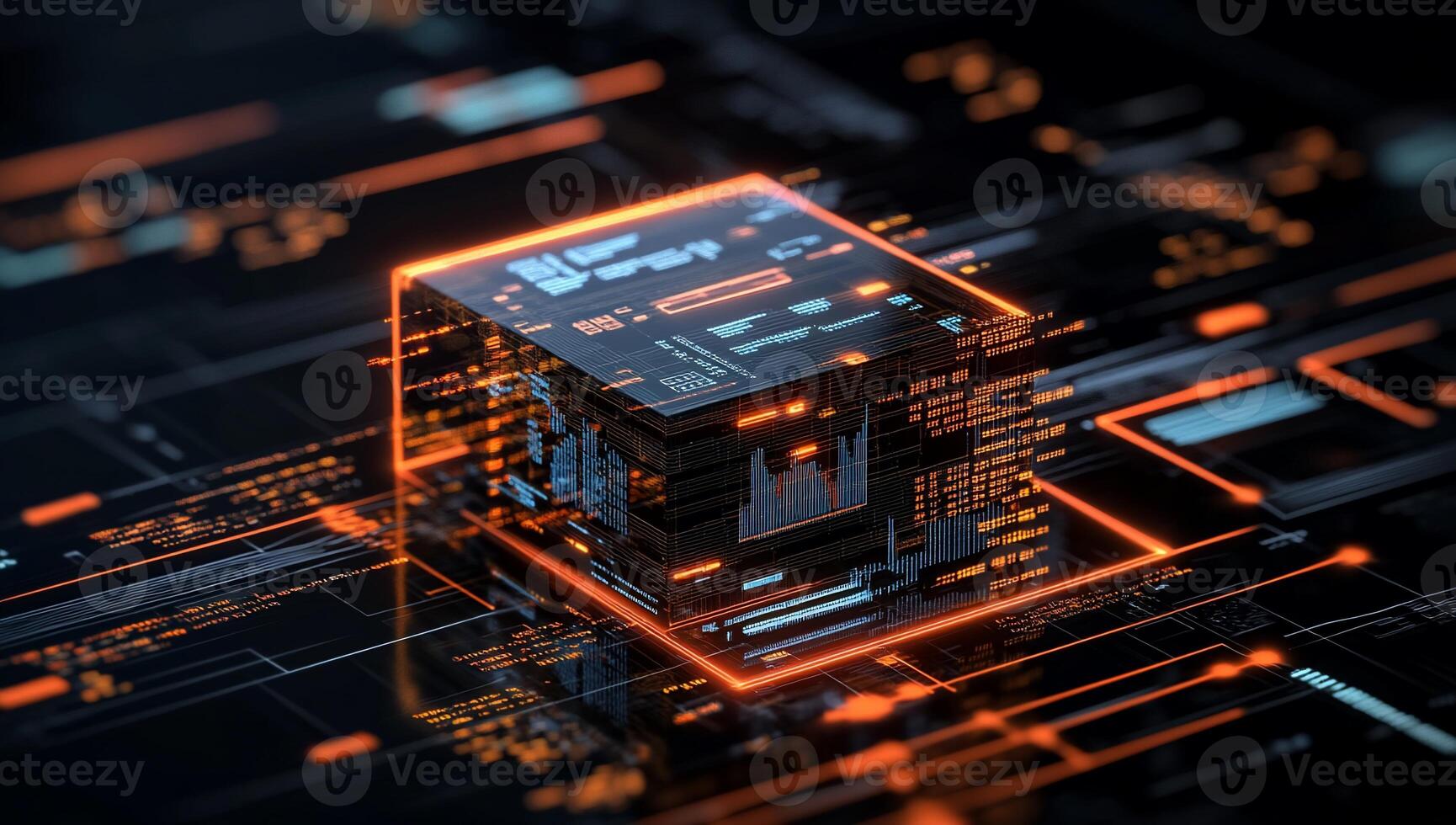 High-tech data cube on circuit board photo