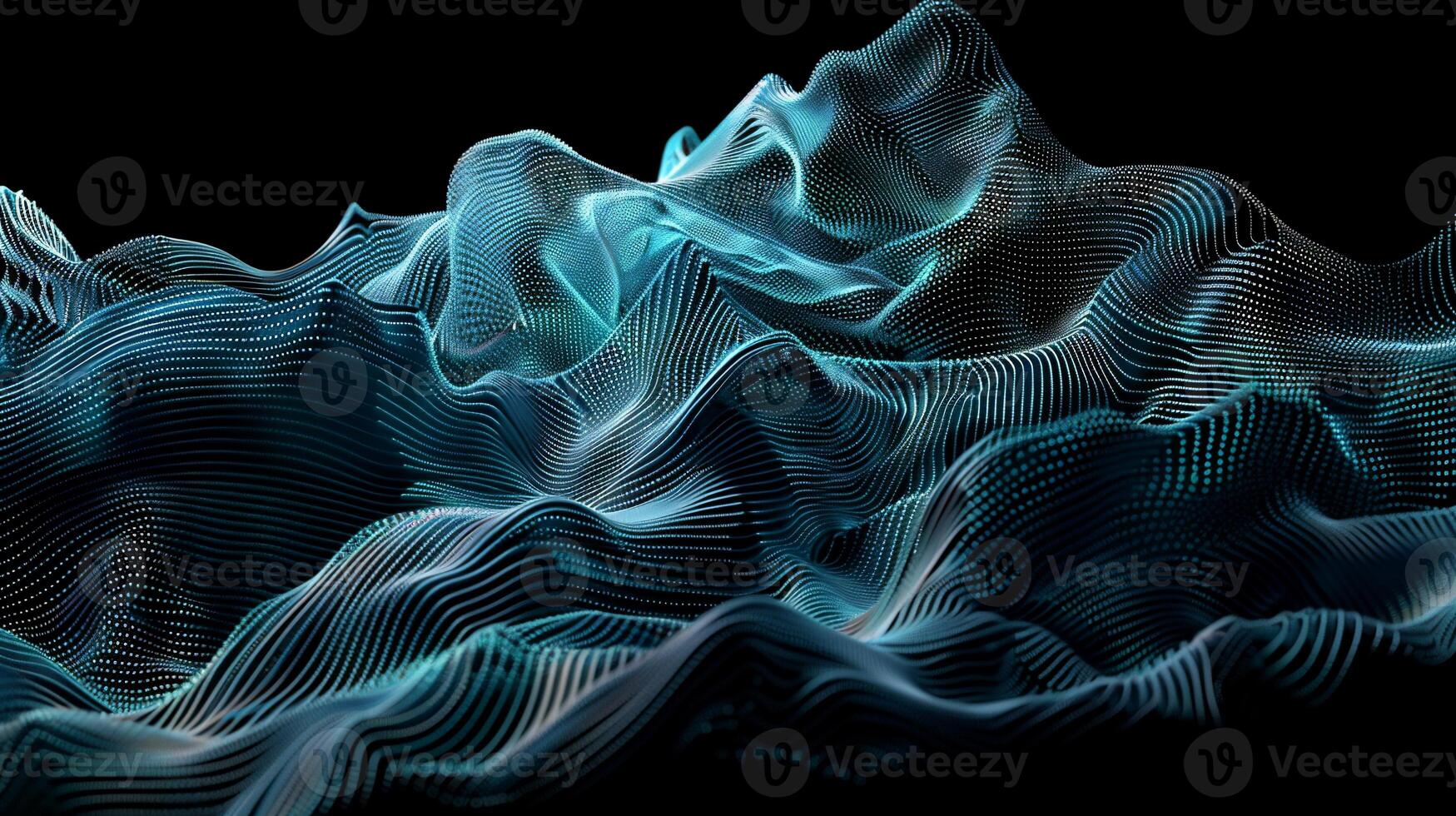 Abstract digital landscape of flowing lines. Dynamic, textured, and glowing forms resembling mountains or waves photo