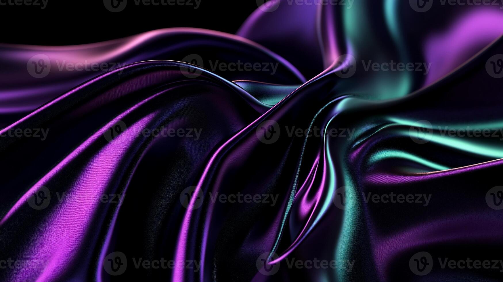 Flowing iridescent fabric drapes in a vibrant mix of purple and teal hues. Detailed folds and curves create a dynamic, abstract design photo