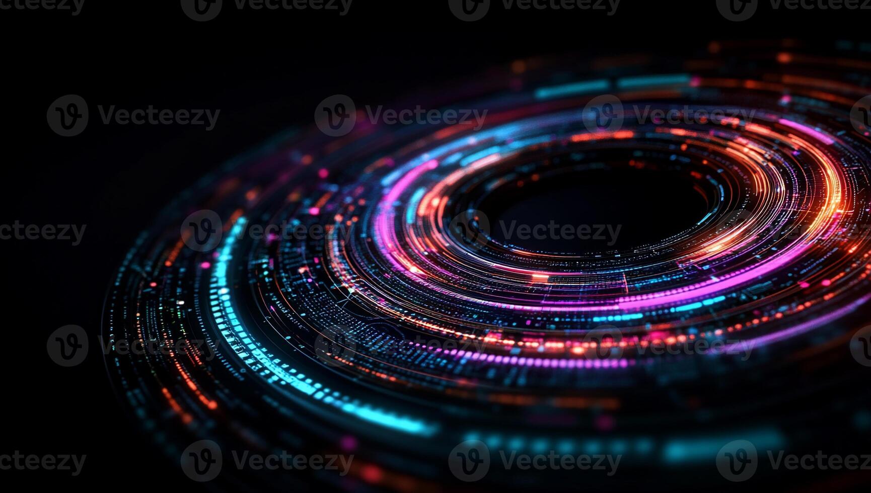 Abstract futuristic circular design with vibrant glowing lines photo