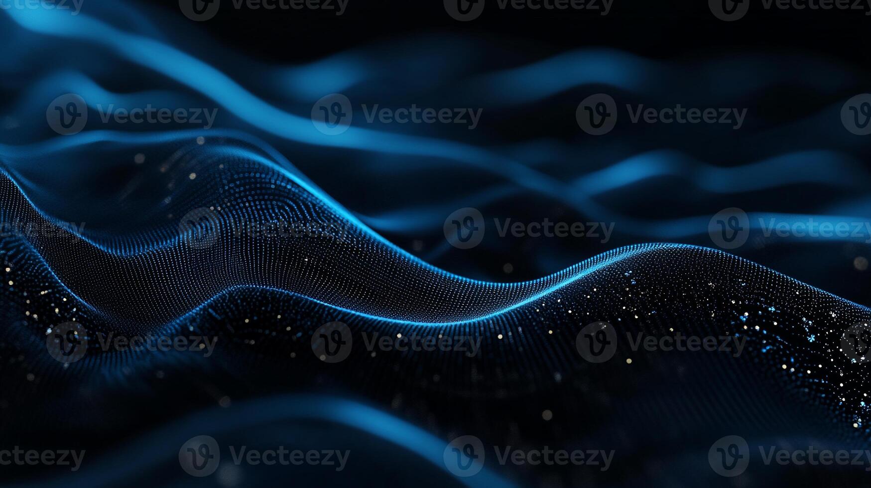 Abstract digital wave pattern with glowing blue lines and scattered particles on a dark background photo