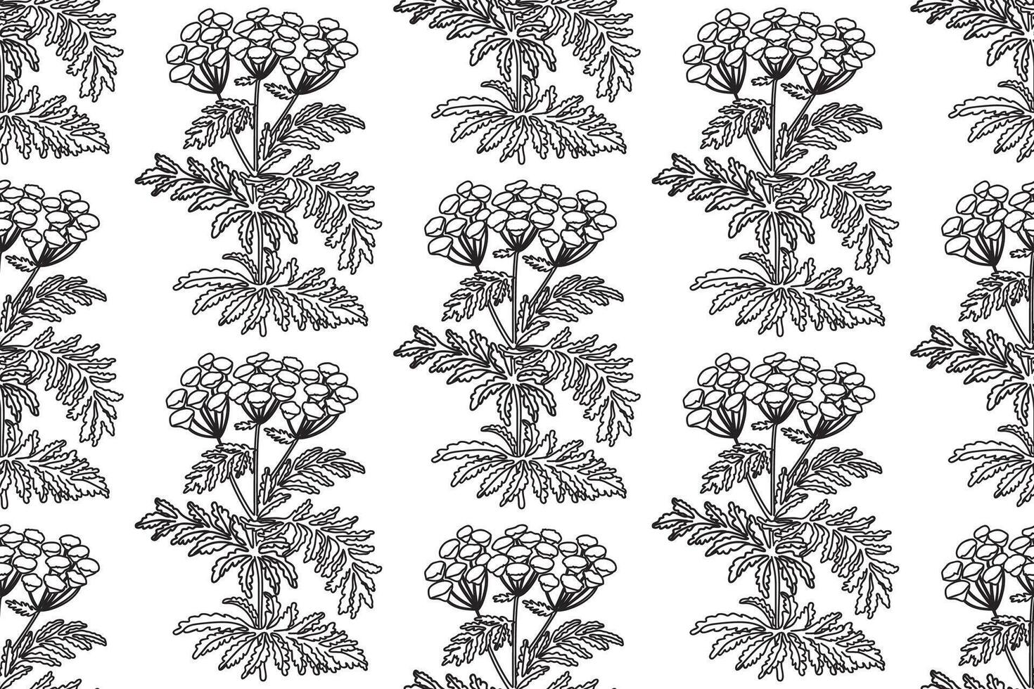 Line art botanical seamless plant pattern with flowers illustration. Black outline repeating floral pattern in white background. Graphic design for Fashion Cover Textile Coloring Page Card vector