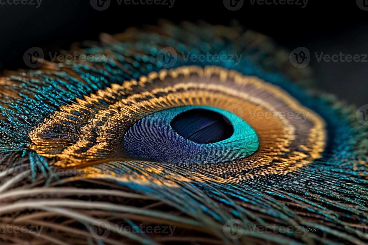 Detailed close-up of a peacock feather, showcasing vibrant colors and intricate patterns photo