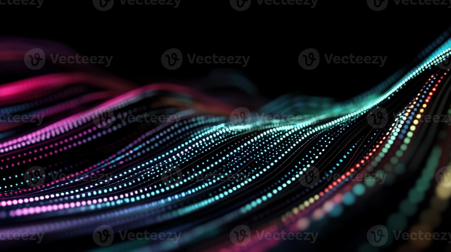 Abstract data visualization. Colorful wave patterns of interconnected data points on a dark background photo