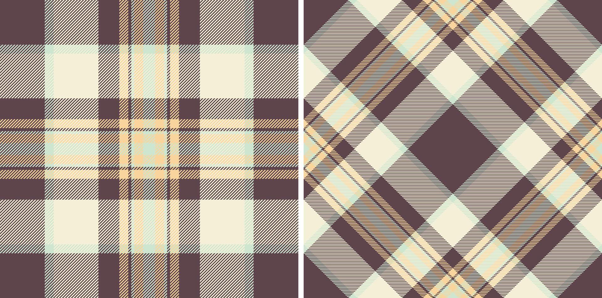 Two seamless plaid patterns in muted browns, creams, and pale blues. Perfect for textile design, fashion, or website backgrounds. Elegant and versatile, these patterns evoke warmth and comfort. vector