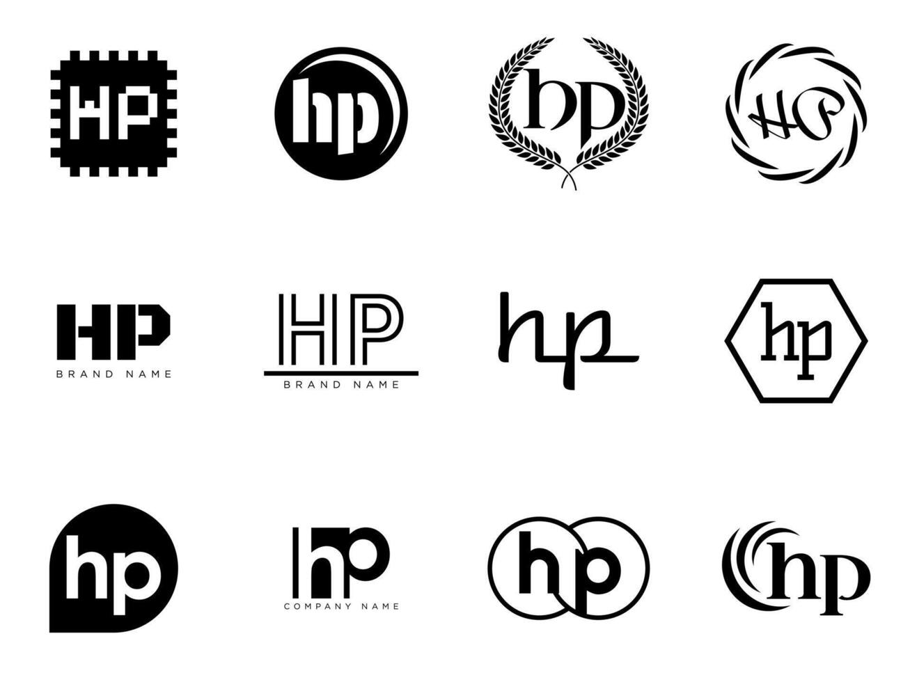 HP logo company template. Letter h and p logotype. Set different classic serif lettering and modern bold text with design elements. Initial font typography. vector