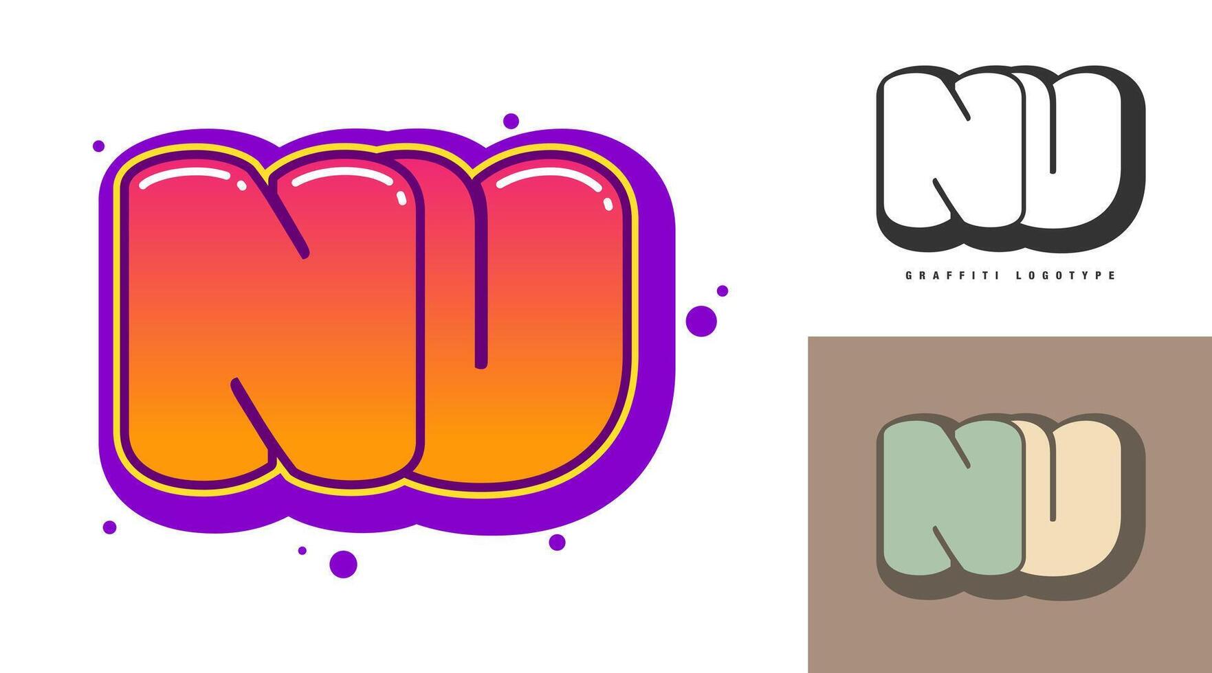 NU logo design for festival or party. Initial letter n and u in graffiti style. Creative modern lettering company name of font typography. Kids trendy logotype or identity. vector
